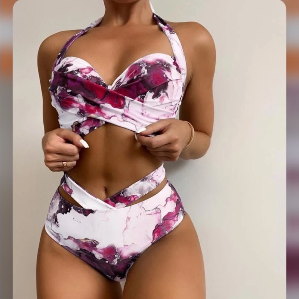 Boho Blue Pink White Tie Dye Marble Print High Waisted Twisted Halter Bikini Set - Picture 2 of 16
